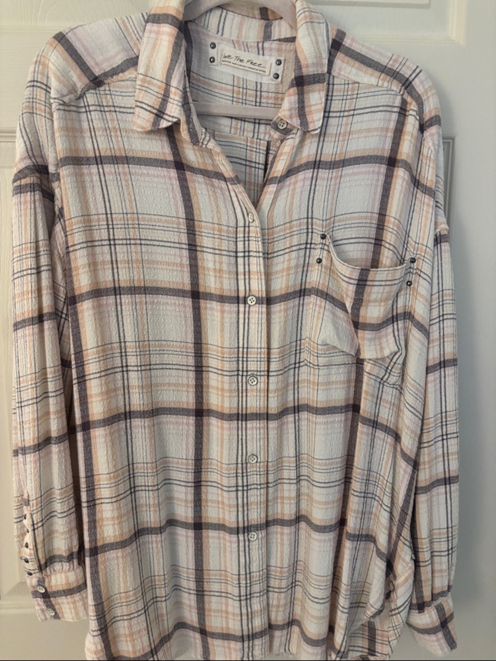 We The Free Anthropologie Plaid Button-Up Shirt in Cream, Brown and Pink